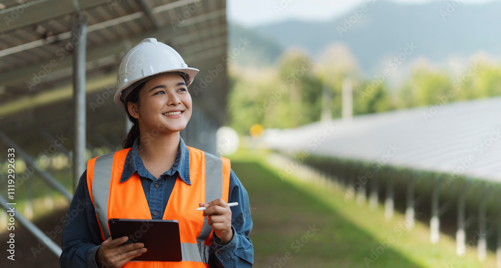Female electrical engineer wearing hard hat using laptop checking solar panel farm equipment. Eco-friendly energy. Renewable clean energy technology concept. Female electrical engineer wearing hard hat using laptop checking solar panel farm equipment. Eco-friendly energy. Renewable clean energy technology concept.