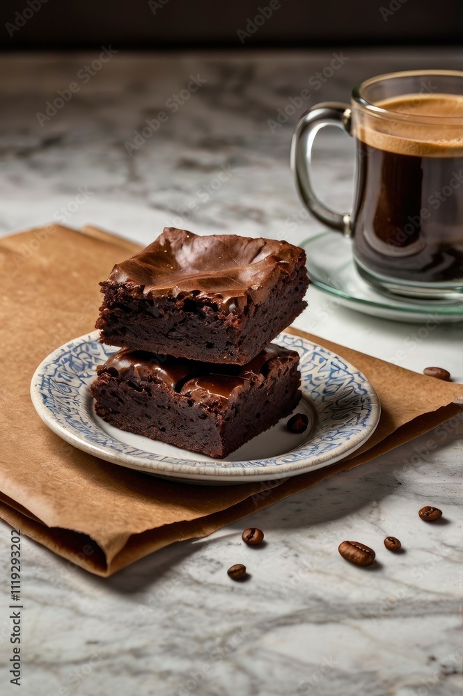 Chocolate brownies on a ceramic plate with pouring melted chocolate sauce on a light background. American chocolate dessert. Homemade bakery. Chocolate brownies on a ceramic plate with pouring melted chocolate sauce on a light background. American chocolate dessert. Homemade bakery.