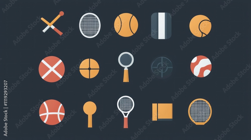 A set of modern sports icons, including a football, basketball, tennis racket, and whistle, designed in flat vector style. A set of modern sports icons, including a football, basketball, tennis racket, and whistle, designed in flat vector style.