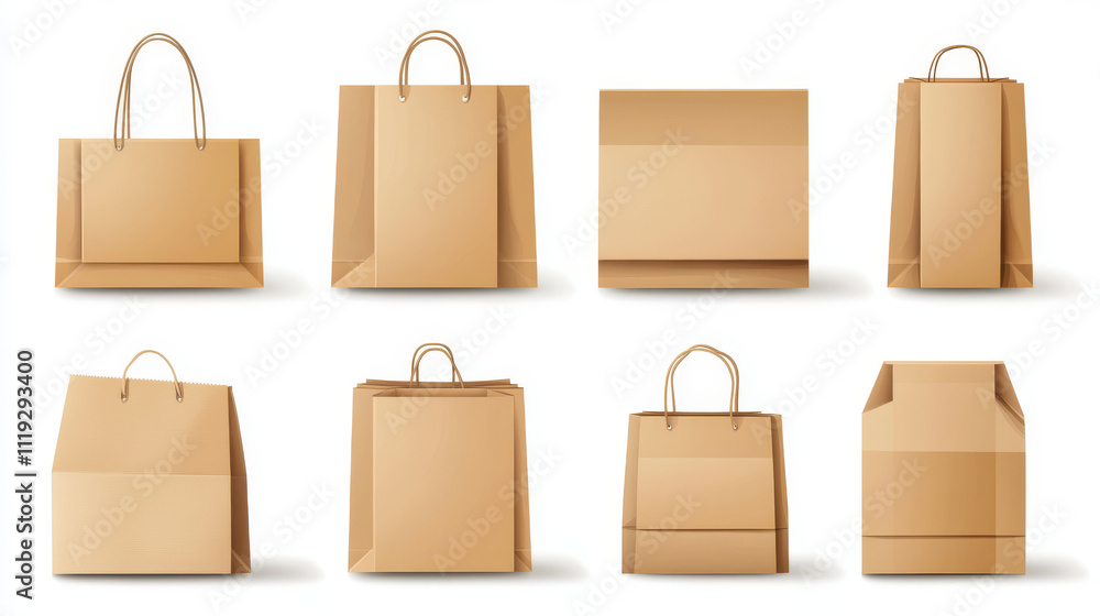 Craft brown paper bags mockup. Realistic vector illustration set of takeaway and food shopping package with and without handles. Blank grocery kraft packet template. Empty supermarket paperbag. Craft brown paper bags mockup. Realistic vector illustration set of takeaway and food shopping package with and without handles. Blank grocery kraft packet template. Empty supermarket paperbag.