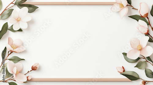 artistic watercolor depiction of blooming magnolia branches, with soft pastel hues and delicate petals, set against a clean white background. template, banner/mockup/flyer/poster photo