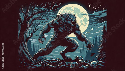 A howling werewolf under a full moon in a dark, eerie forest, surrounded by skulls, depicting a nightmarish scene
