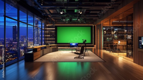 Stunning Modern Broadcast Studio Overlooking a Vibrant Cityscape