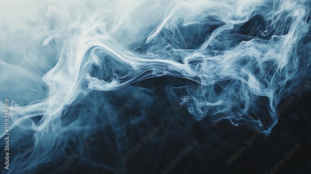 Obraz premium Abstract blue and white smoke swirls on black background.