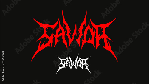 Savior text typography vector in a striking and intense dark red metal font style for t-shirt print apparel, sticker, poster, metal band logos