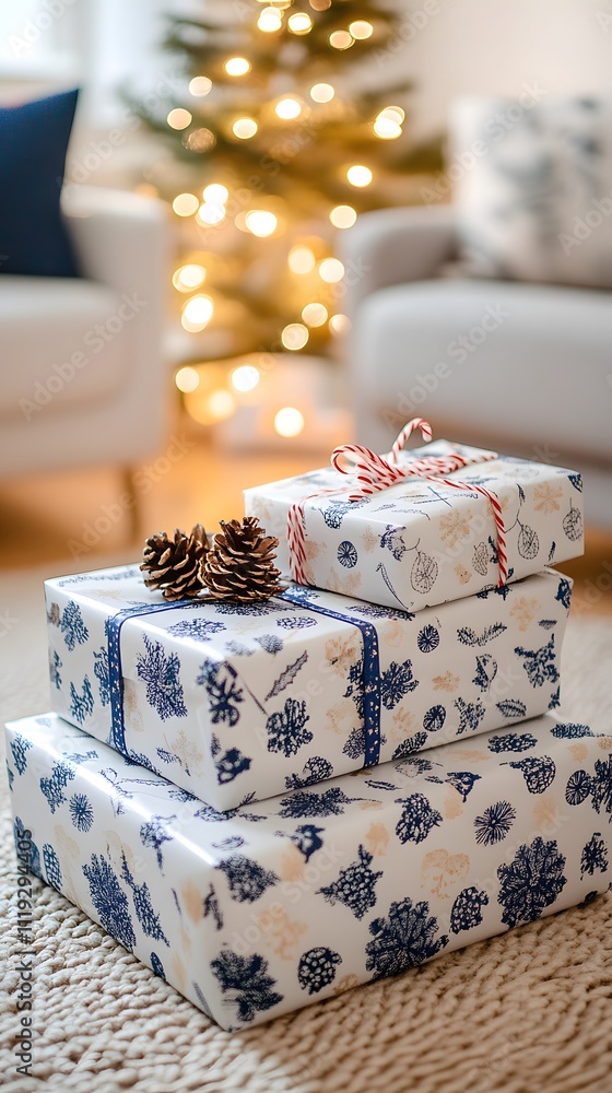 Stacked Christmas gifts with winter design wrapping. Stacked Christmas gifts with winter design wrapping.