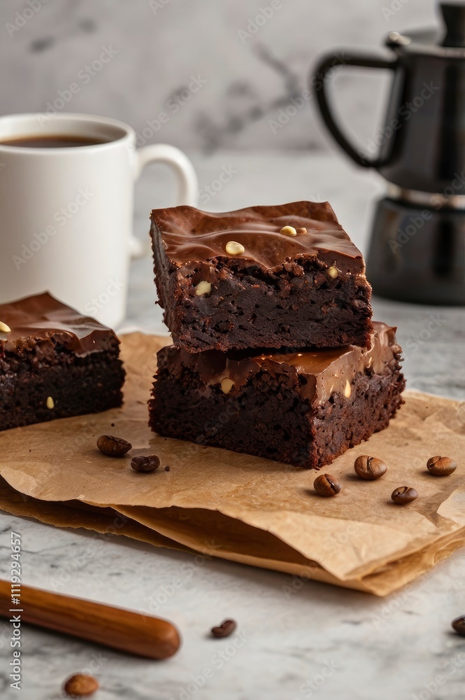 Chocolate brownies on a ceramic plate with pouring melted chocolate sauce on a light background. American chocolate dessert. Homemade bakery. Chocolate brownies on a ceramic plate with pouring melted chocolate sauce on a light background. American chocolate dessert. Homemade bakery.