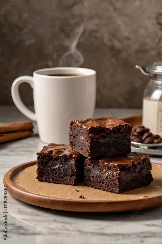 Chocolate brownies on a ceramic plate with pouring melted chocolate sauce on a light background. American chocolate dessert. Homemade bakery. Chocolate brownies on a ceramic plate with pouring melted chocolate sauce on a light background. American chocolate dessert. Homemade bakery.