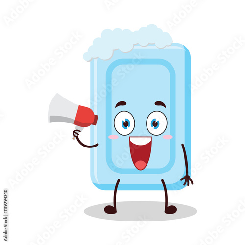 cute happy expression of soap cartoon character carry megaphone