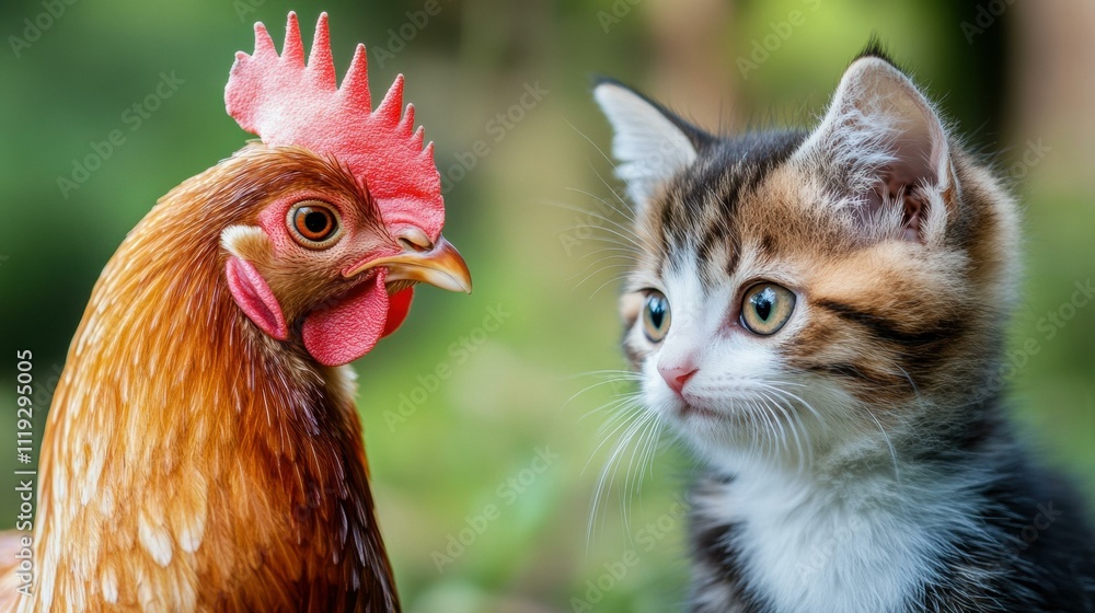 Fototapeta premium A hen and a kitten looking at each other. AI.