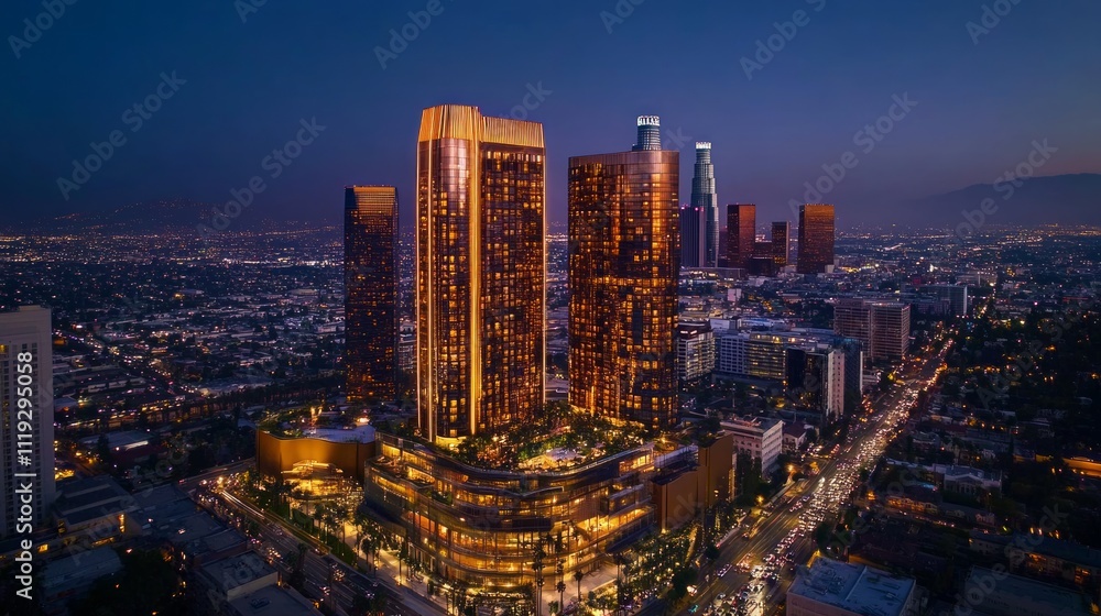 Obraz premium Illuminated skyscrapers at dusk, Los Angeles cityscape.