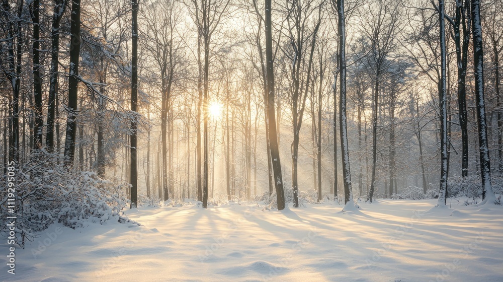 A snow-covered forest with bare trees and a soft winter glow, evoking a peaceful, chilly atmosphere A snow-covered forest with bare trees and a soft winter glow, evoking a peaceful, chilly atmosphere