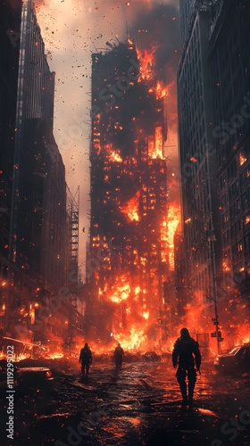 Fiery Cityscape Inferno Engulfs Tall Building Three Figures Walk Amidst Ruins