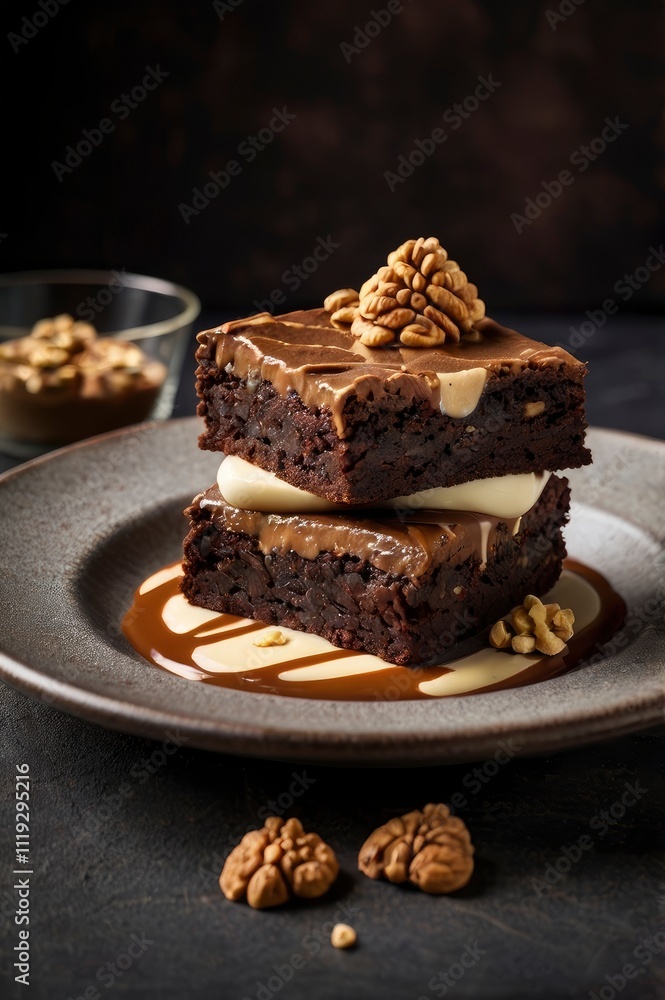 Homemade chocolate brownie with cream cheese and peanut butter. Dark background. Homemade chocolate brownie with cream cheese and peanut butter. Dark background.