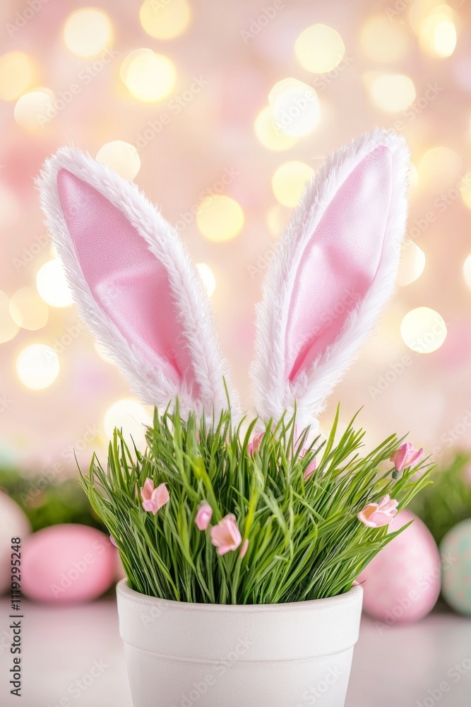 Obraz premium An enchanting setup of a flower pot with bunny ears, surrounded by colorful eggs, evoking a joyful Easter spirit.