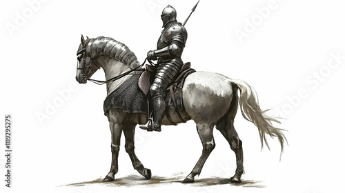 A knight in armor riding a white horse, showcasing medieval themes. photo