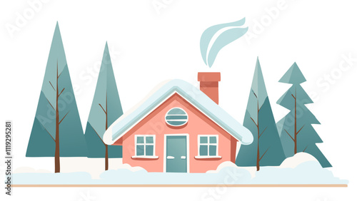 A vector illustration of  a cozy winter scene with minimalistic design—snow-covered trees, a small cabin with smoke coming out of the chimney, and a pastel color palette