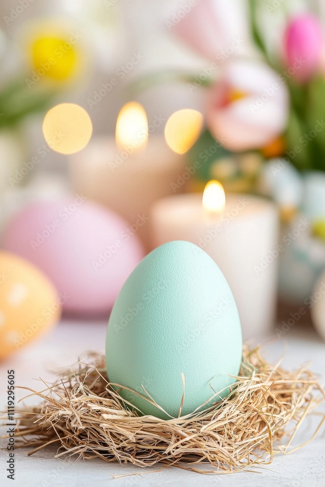 A serene mint green egg resting in a nest, surrounded by soft lights and vibrant flowers representing spring. A serene mint green egg resting in a nest, surrounded by soft lights and vibrant flowers representing spring.