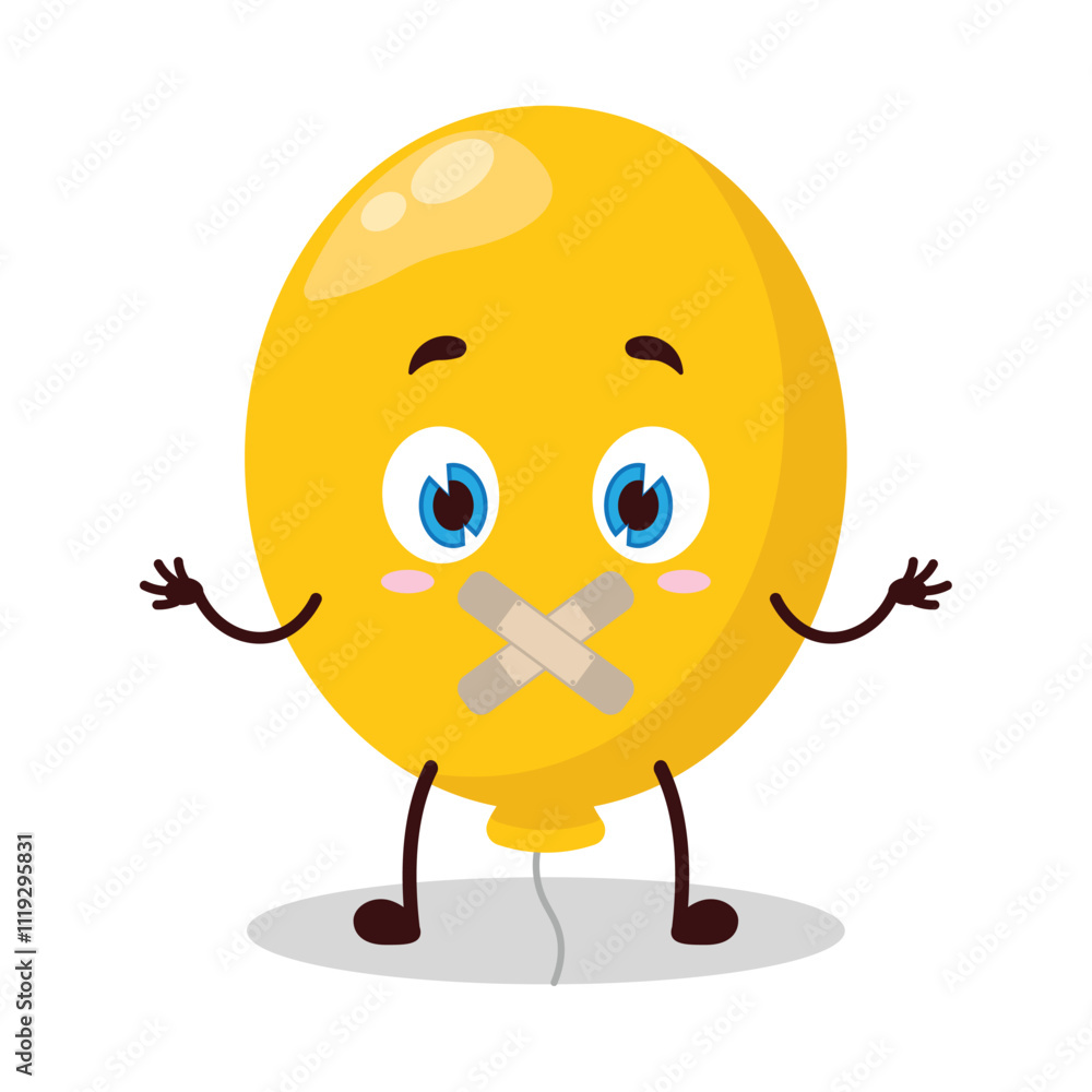 cute shut up expression of yellow balloon cartoon character mouth closed with plaster
