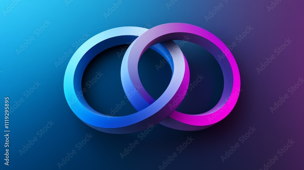 Interlinked vibrant blue and pink 3D rings on a dark background. Interlinked vibrant blue and pink 3D rings on a dark background.