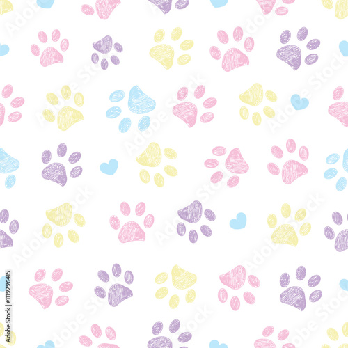 Lilac pink blue yellow doodle paw prints and hearts seamless fabric design pattern