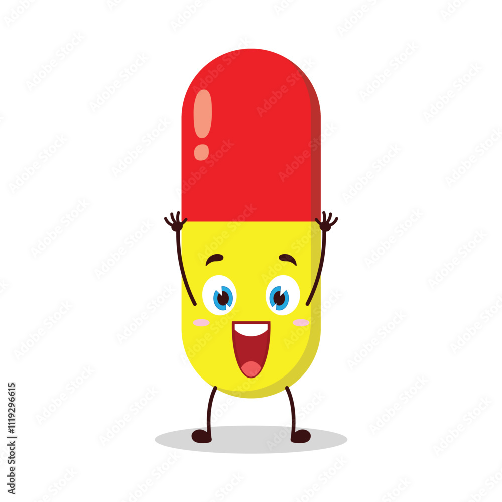 cute rise hand happy expression of drug capsule cartoon character cute rise hand happy expression of drug capsule cartoon character