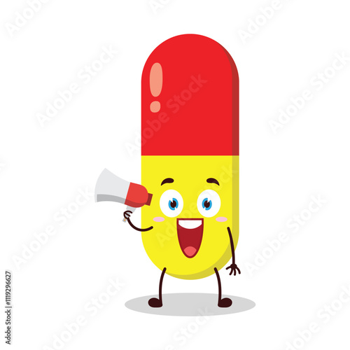 cute happy expression of drug capsule cartoon character carry megaphone