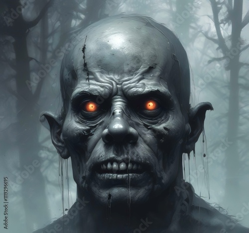 Illustration of spooky face with distopian environment.