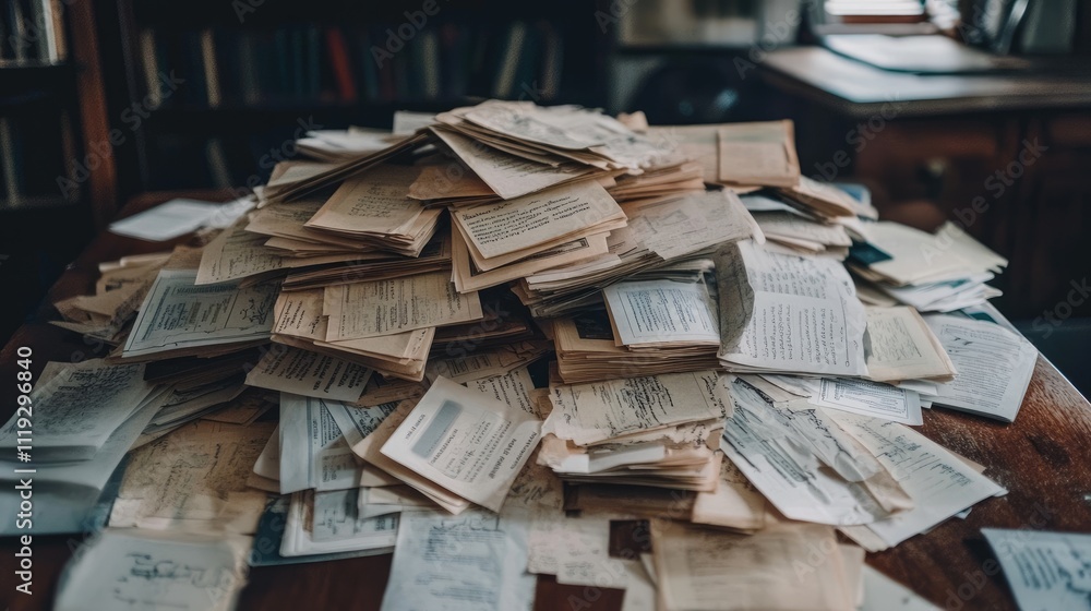 Pile of Unorganized Paperwork on Wooden Table in Office Setting Pile of Unorganized Paperwork on Wooden Table in Office Setting