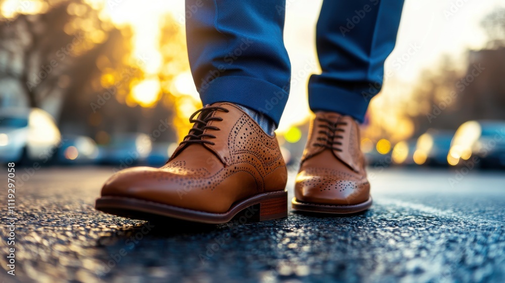 A close-up of stylish brown dress shoes on a person's feet, walking on a sunlit street, with a warm, atmospheric background. A close-up of stylish brown dress shoes on a person's feet, walking on a sunlit street, with a warm, atmospheric background.