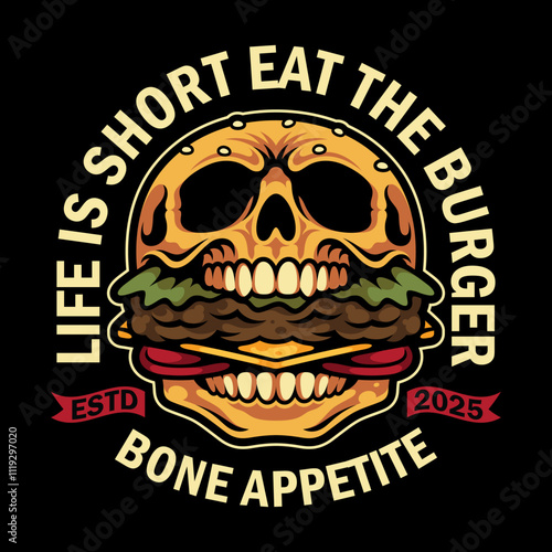 A vintage-inspired vector illustration featuring a skull devouring a burger.