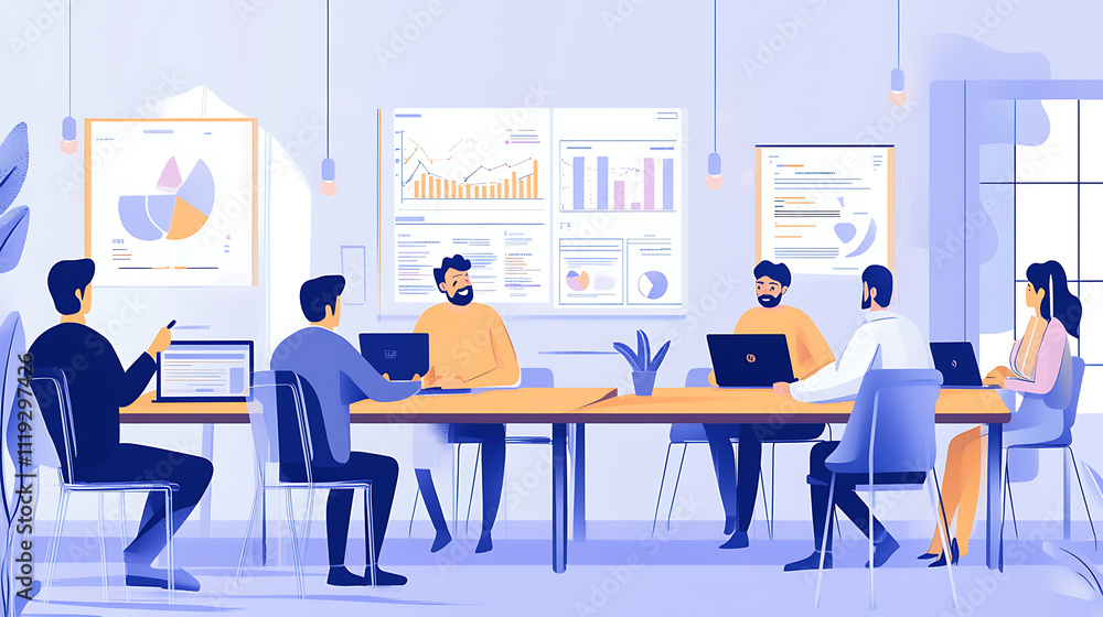 Entrepreneurs concentrating on project development, surrounded by charts and laptops in a modern workspace Entrepreneurs concentrating on project development, surrounded by charts and laptops in a modern workspace