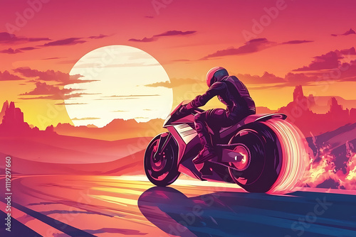 A motorcyclist rides into a vibrant sunset, showcasing speed and adventure in a digital landscape. photo