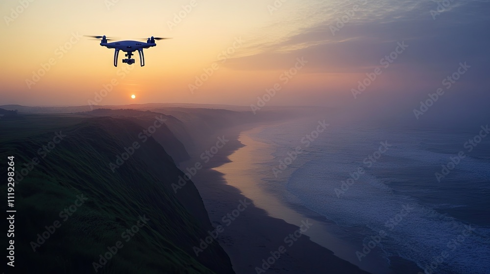 Serene Sunset Over Cliffs with Drone Flying in Coastal Landscape Serene Sunset Over Cliffs with Drone Flying in Coastal Landscape