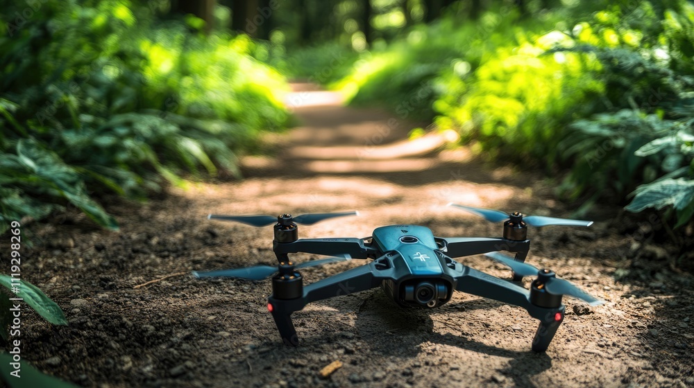 Drone on a Forest Path Surrounded by Lush Greenery and Foliage Drone on a Forest Path Surrounded by Lush Greenery and Foliage