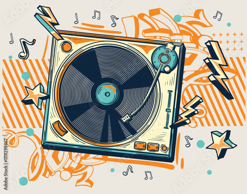 Drawn musical turntable vinyl record player on graffiti-styled background, colorful music design