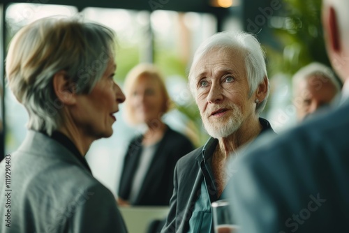 Portrait of senior couple at business meeting in office. Mature man and woman looking at each other.