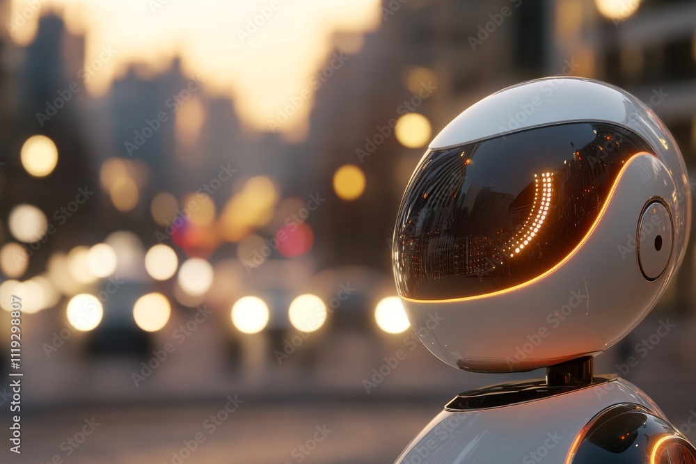 Fototapeta premium A sleek, modern robot stands in focus amid a vibrant cityscape, illuminated by the soft glow of blurred lights, evoking a sense of technological evolution.