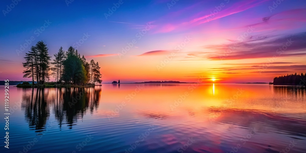 Serene Sunset over Calm Water with Silhouetted Island Trees Serene Sunset over Calm Water with Silhouetted Island Trees
