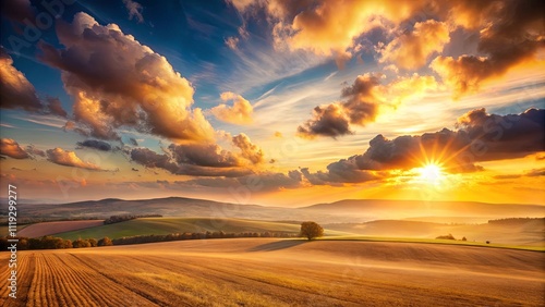 Golden Hour Serenity Rolling Hills, Sunset Sky, and Lone Tree in a Vast Agricultural Landscape