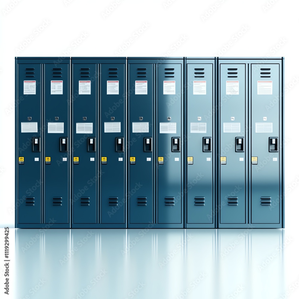Row of blue metal lockers in an indoor setting, isolated on a bright background. Row of blue metal lockers in an indoor setting, isolated on a bright background.