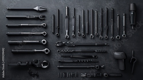 Flat lay of black automotive tools organized on simple background