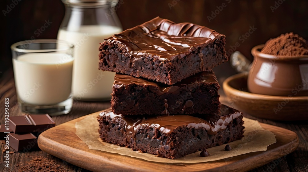 Homemade fudgy chocolate brownies on wooden with chocolate and milk background. Homemade fudgy chocolate brownies on wooden with chocolate and milk background.