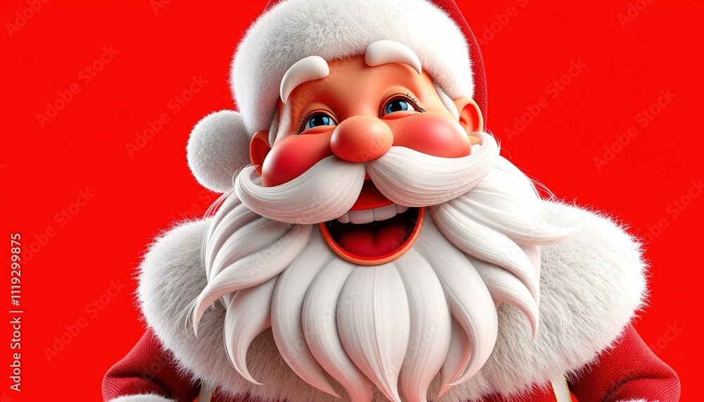 Jovial 3D Santa Claus with a warm, rosy complexion and a fluffy white beard, sporting a bright red coat with golden trim, stands proudly on a vibrant red background Jovial 3D Santa Claus with a warm, rosy complexion and a fluffy white beard, sporting a bright red coat with golden trim, stands proudly on a vibrant red background