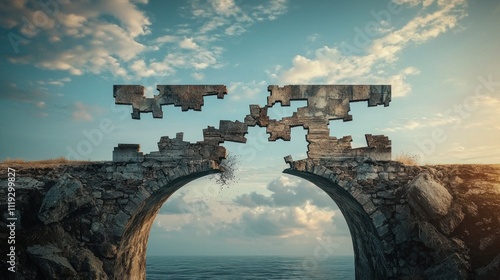 Skills gap represented by a bridge with missing pieces, symbolizing the gap between knowledge and abilities