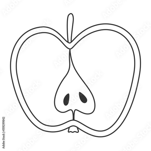 Linear half of apple icon. Hand drawn apple fruit in doodle style with visible seeds