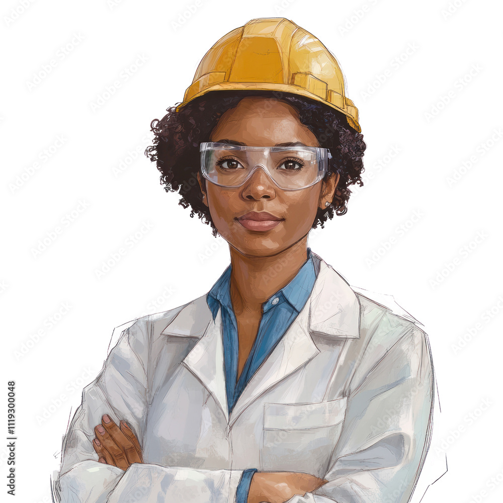 Confident Engineer: A confident woman engineer with a determined look stands with her arms crossed. She is wearing a hard hat, safety glasses, and a white lab coat. Confident Engineer: A confident woman engineer with a determined look stands with her arms crossed. She is wearing a hard hat, safety glasses, and a white lab coat.