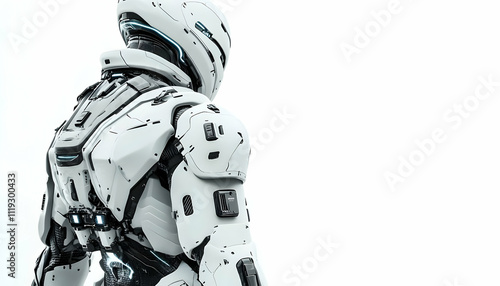 A futuristic white robot stands against a minimalist background, showcasing advanced technology.
