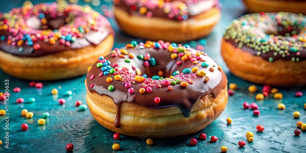 Delicious Chocolate Glazed Donuts with Colorful Sprinkles on a Dark Blue Surface Delicious Chocolate Glazed Donuts with Colorful Sprinkles on a Dark Blue Surface