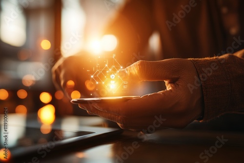 A hand holds a smartphone with a glowing digital display emitting holographic elements, illustrating advanced connectivity and modern communication technology. photo